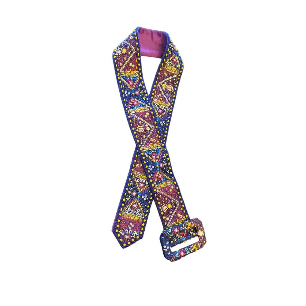 Handmade Beaded Fabric Belt With Intricate Geometric Patterns & Embellished Buck